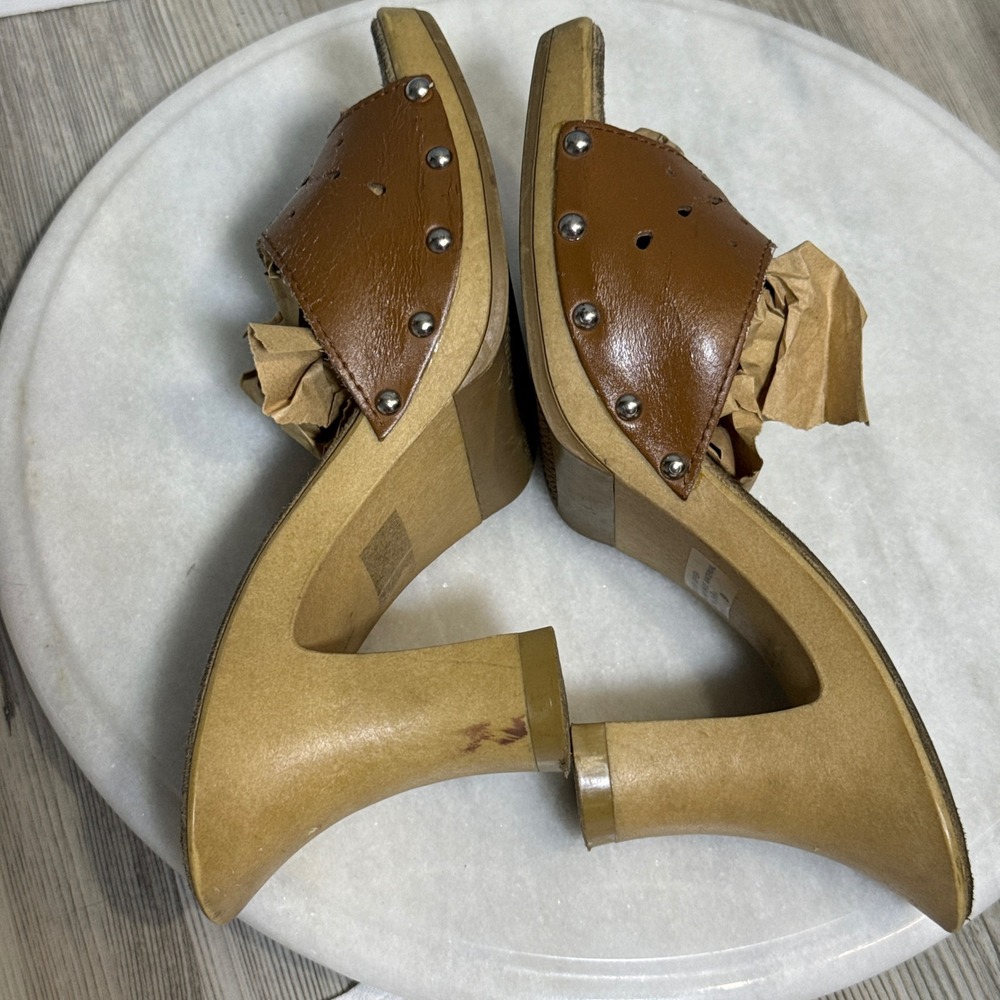 Vtg Candies Brown Leather Studded heels Platform Mules Square Toe 9 shoes y2k - Picture 13 of 15